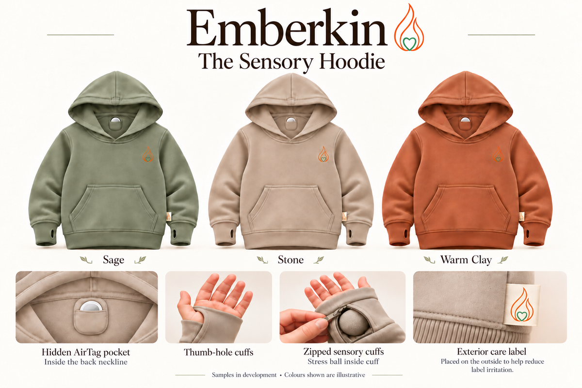Emberkin Sensory Hoodie with Hidden AirTag in Sage, Stone and Warm Clay, showing the hidden AirTag pocket, thumb-hole cuffs, zipped sensory cuff with stress ball and exterior care label