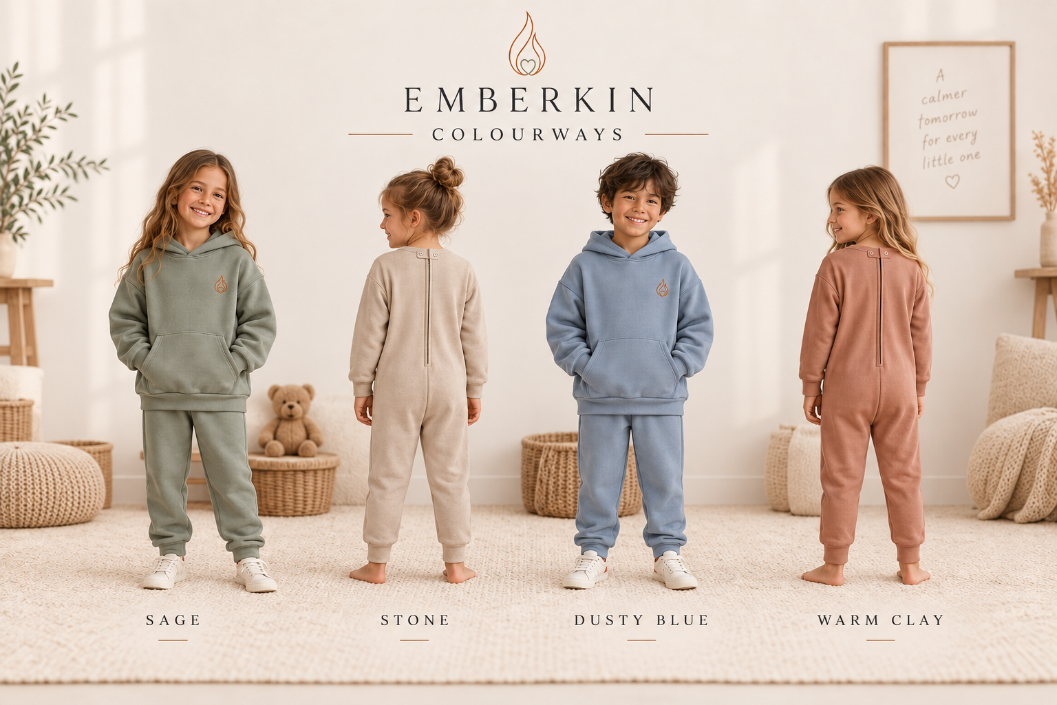Four children modelling Emberkin clothing in Sage, Stone, Dusty Blue and Warm Clay