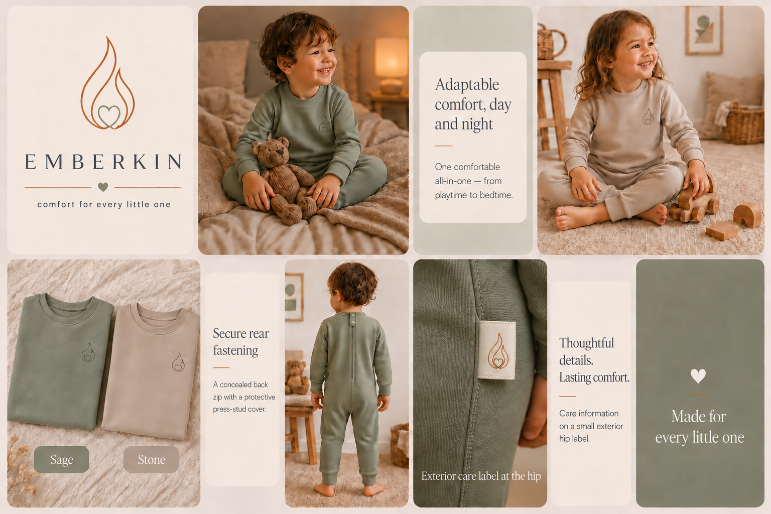 Emberkin sage and stone Lounge Suits, showing children wearing the suits, the rear fastening and exterior hip label
