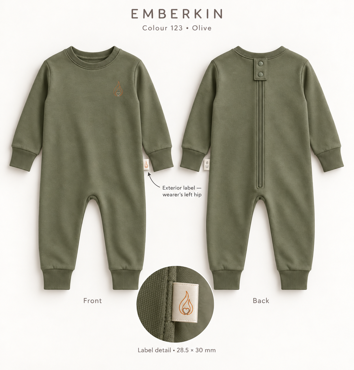 Olive Emberkin Lounge Suit front and back, with two press studs at the neck and an exterior hip label